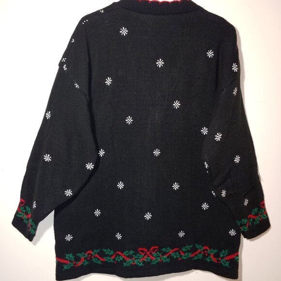 Vintage Nutcracker Embroidered Christmas Lurex Knit Sweater Cardigan Sz L Black - Picture 5 of 5